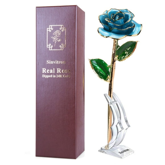 Gold Dipped Rose, Gifts for Mom, Sinvitron Long Stem 24k Gold Dipped Real Rose Lasted Forever with Stand, Best Mothers Day Anniversary Valentines Day Gifts for Her (Light Blue)