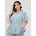 thumbnail image 2 of SHOWMALL Women Plus Blouses Casual Peplum Summer Lace Short Bell Sleeve Tops Dressy Light Blue 2X Cinched Waisted Chiffon Work Blouse, 2 of 7