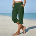 thumbnail image 2 of Women's Linen Cotton Blend Loose Straight Leg Pants with Pockets, Elastic Mid Waist Drawstring Solid Color, Casual Side Slit Button Cropped Capris, Summer Beach Lounge Dressy, 2 of 6