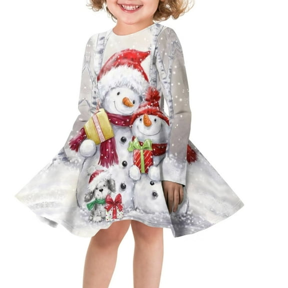 FKELYI Christmas Snowman Long Sleeve Dress Size 7-8 T Comfortable Kids Swing Twirl Skater Dress Leisure Hoilday Dresses for Girls,Christmas Gift