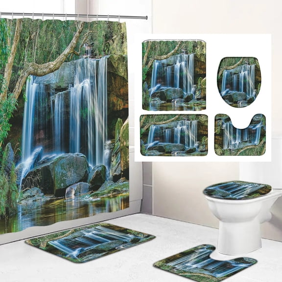 Waterfall Landscape Print Shower Curtain Forest Scenery Waterproof Bathroom Curtains Home Decoration Non-Slip Rugs Bath Mat Set