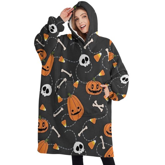 Oversized Wearable Blanket Hoodie,Gray Halloween Pumpkins Skulls and Bones Sherpa Blanket Hoodie with Super Pockets,Super Warm Fuzzy Pullover for Women & Men