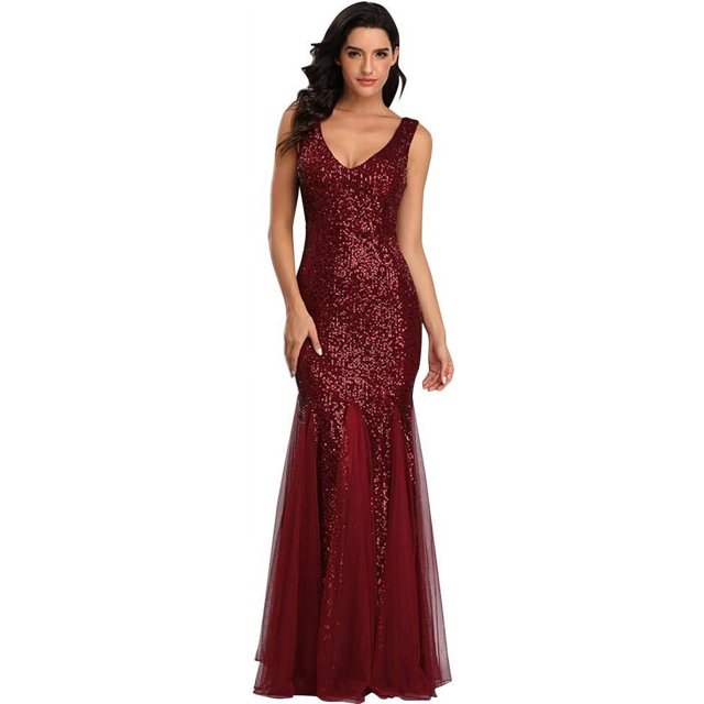 Sleeveless Double V-Neck Long Mermaid Sequin Formal Evening Dresses