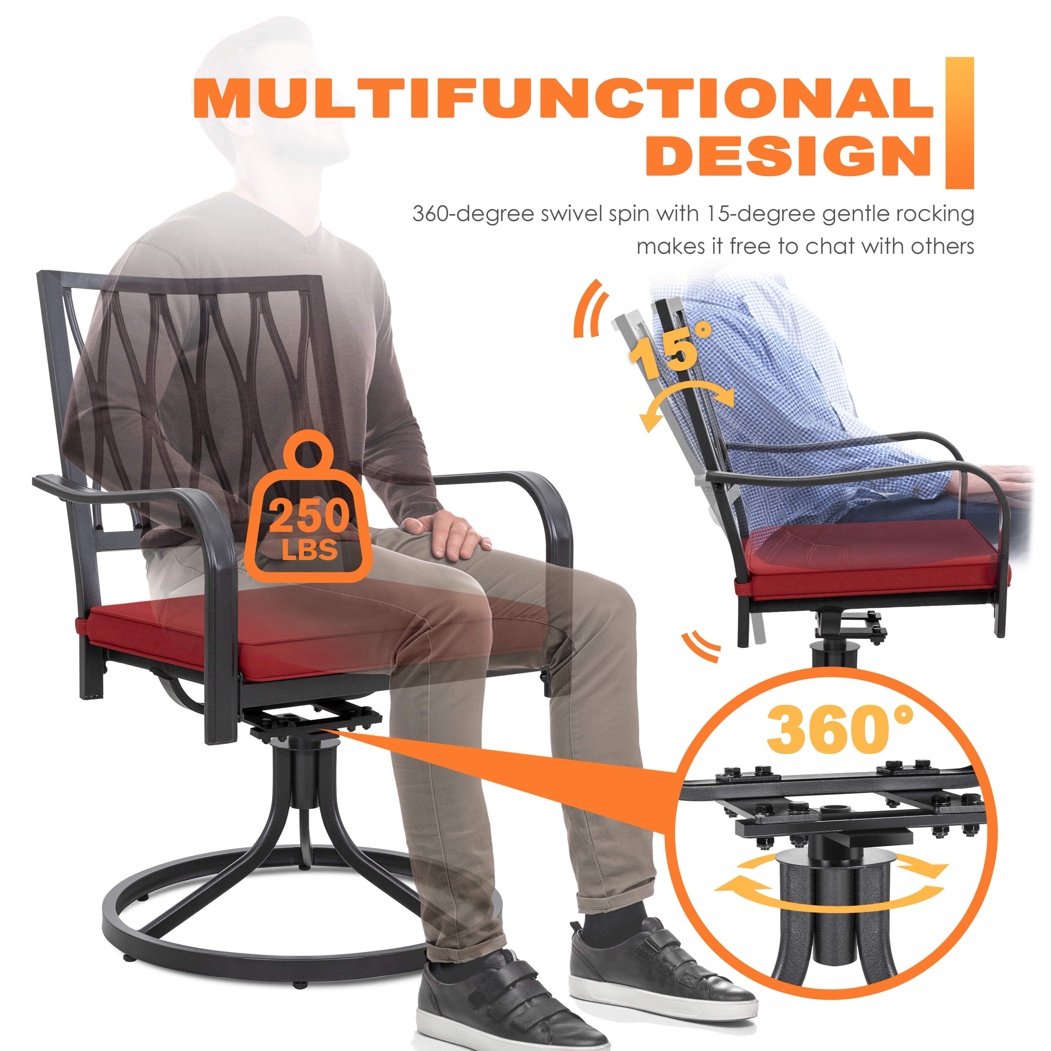 Nuu Garden Set of 2 Outdoor Patio Dining Chairs Metal Swivel Chairs with Padded Cushions,Iron Dining Rocker Chairs for Lawn Garden Backyard, Black&Red