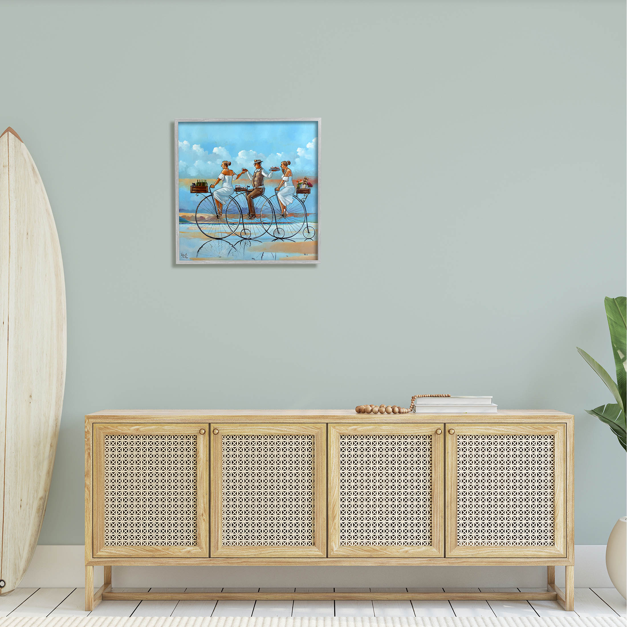 Summer Shore Bicycle Ride Coastal Painting Gray Framed Art Print Wall Art