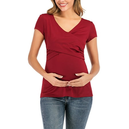 

Juebong Criss Cross Wrap Front Maternity Nursing Tops Women Short Sleeve V Neck Tunic Basic Shirts Plus Size Maternity Tops Breastfeeding Cap Sleeve Solid Color Nursing Pregnancy Tops