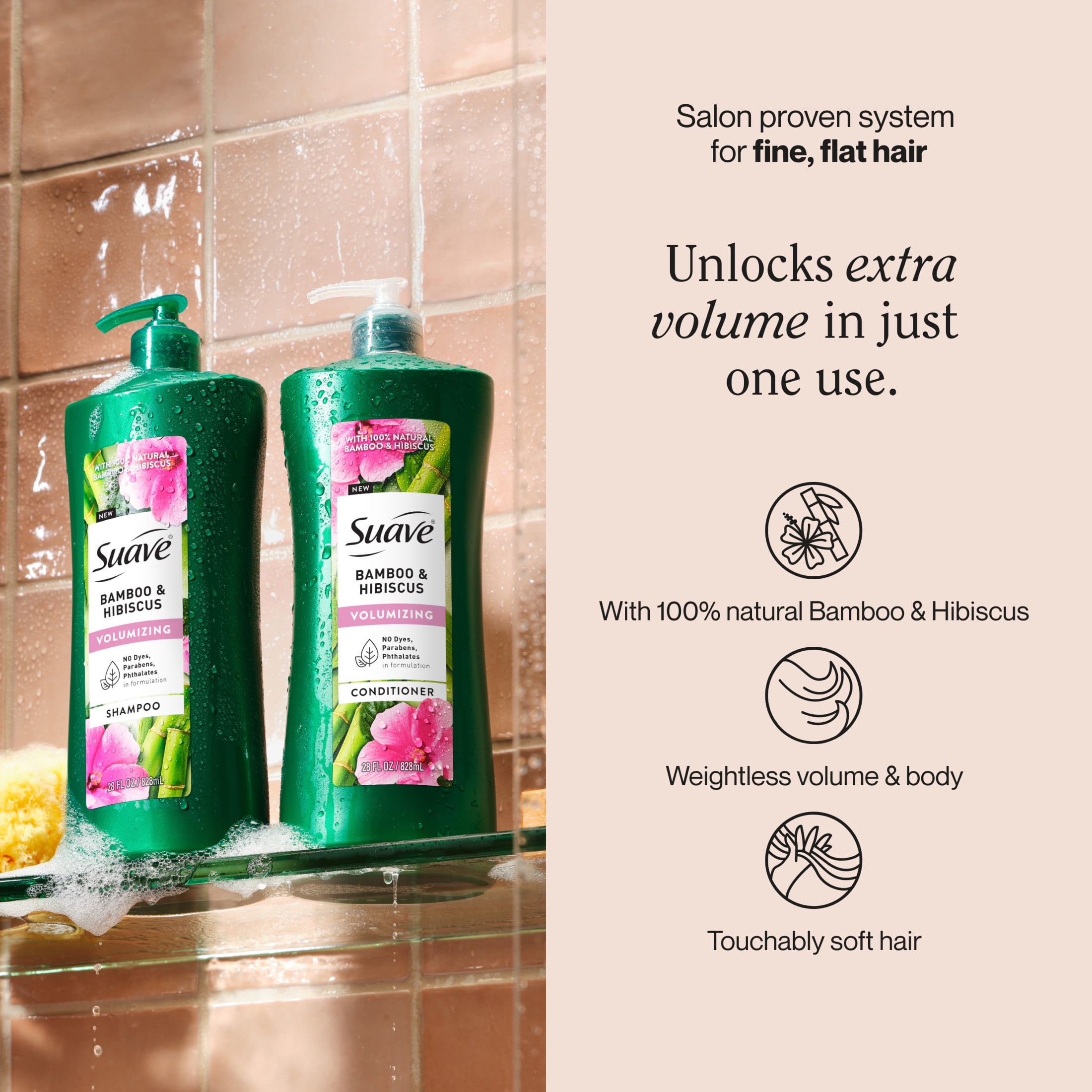 Suave Bamboo & Hibiscus Volumizing Conditioner, for Fine and Flat Hair, 28 oz Pump