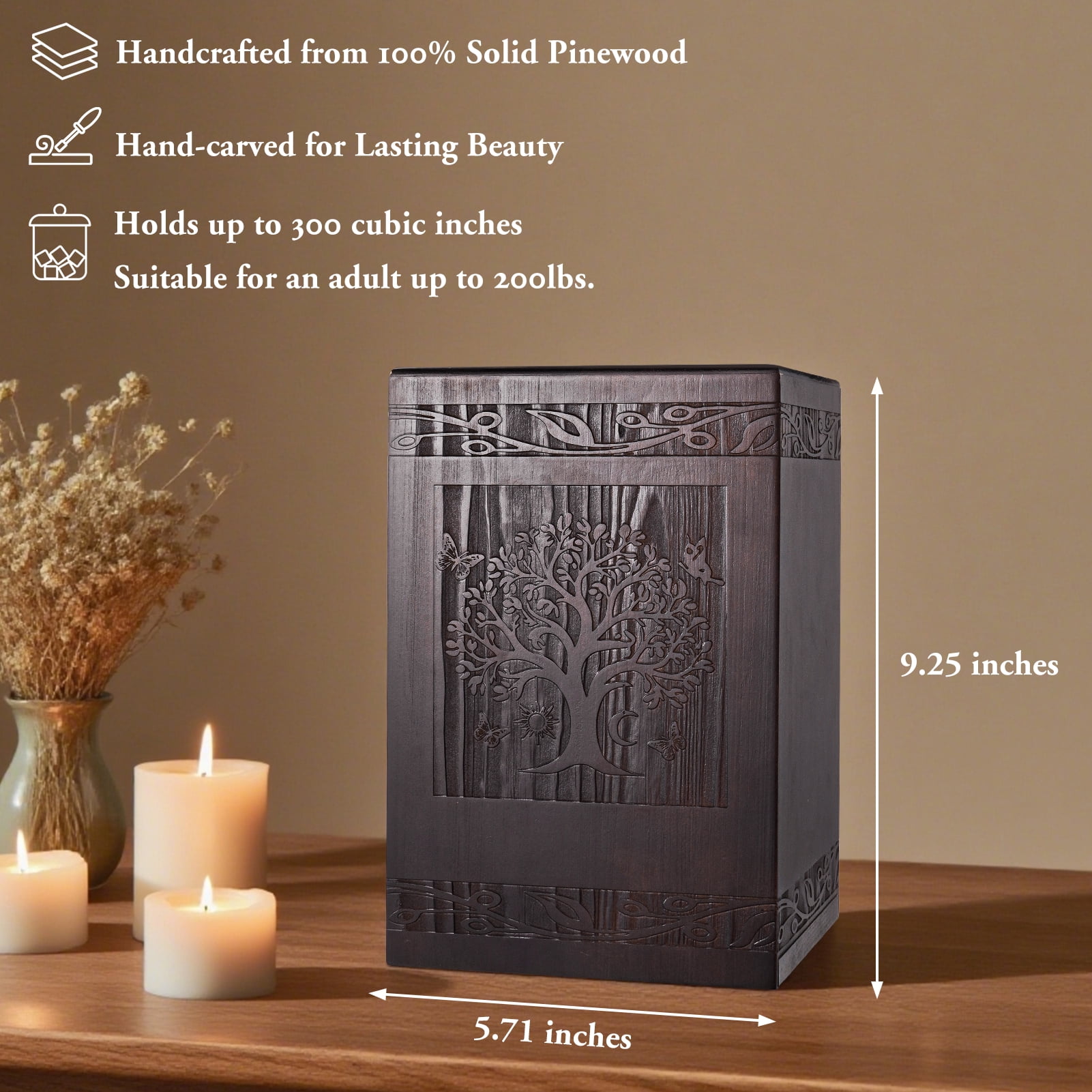 XIUDA Cremation Urns for Human Ashes Adult Male Female, Wooden Tree of Life Medium Keepsake Urns for Ashes, Burial Funeral Memorial Decorative Urns for Men Women Pets Dog Urn- Up to 200 lbs