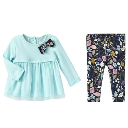 Infant Girls Blue Bow & Leaf Baby Outfit Shirt & Leggings Set