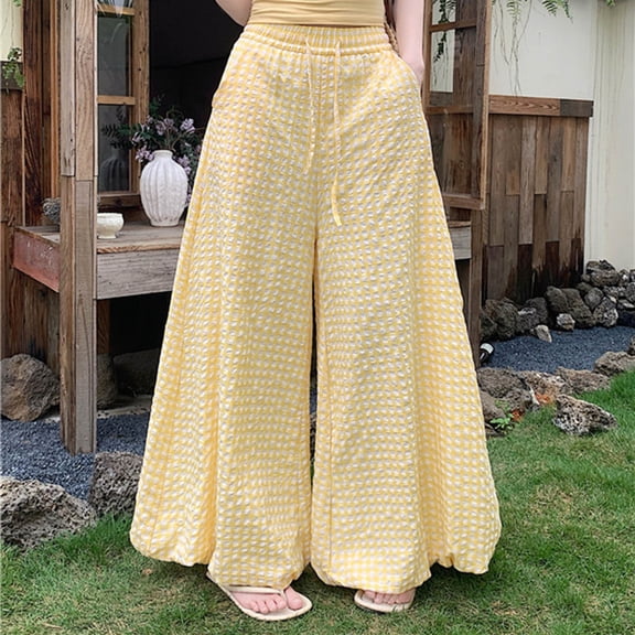 Women's Printed Bandage Pants, Elastic Waist With Pocket Detail, Casual Wide Leg Trousers For Boho Fashion Yellow XL