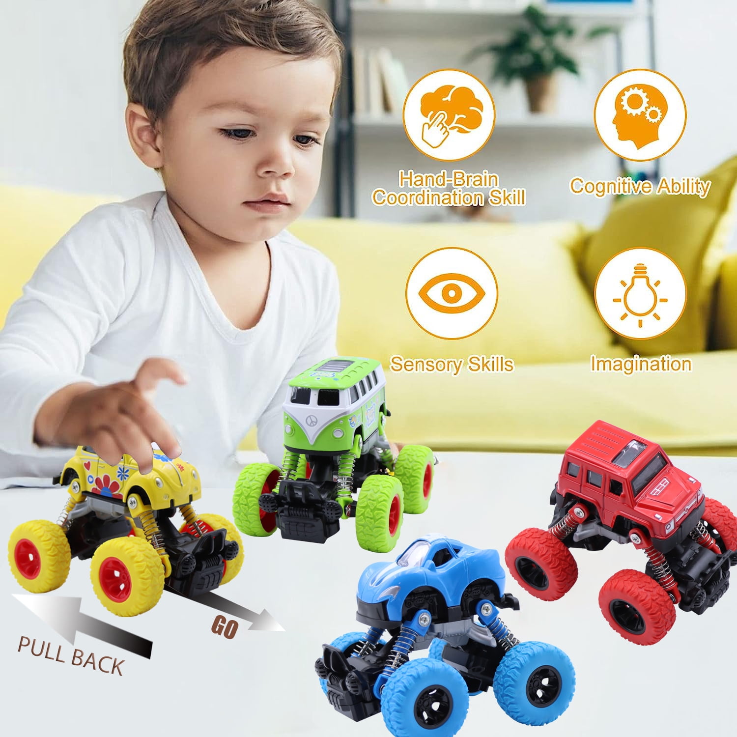 Ficcug 2 Pack Pull Back Cars Toys,Friction Powered Trucks for Kids,Toddler Toys for 1 2 3 4 5 + Year Old Boys Girls