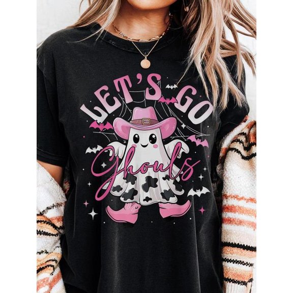 Halloween - Playful Graphic Tee, Tops Has Bold “Ghost & Text” Design, Round Neck Regular Fit T-shirts, Size(S-5XL)