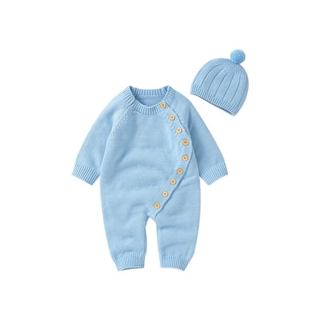 

Niceyoeuk Baby Knit Jumpsuit Set Long Sleeve Button Closure Solid Romper + Hat