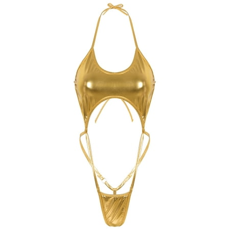 Xnihocha Women Shiny Metallic Bikini Swimsuit Sexy Teddy Bodysuit Lingerie Halter Trikini Nightwear Gold One Size
