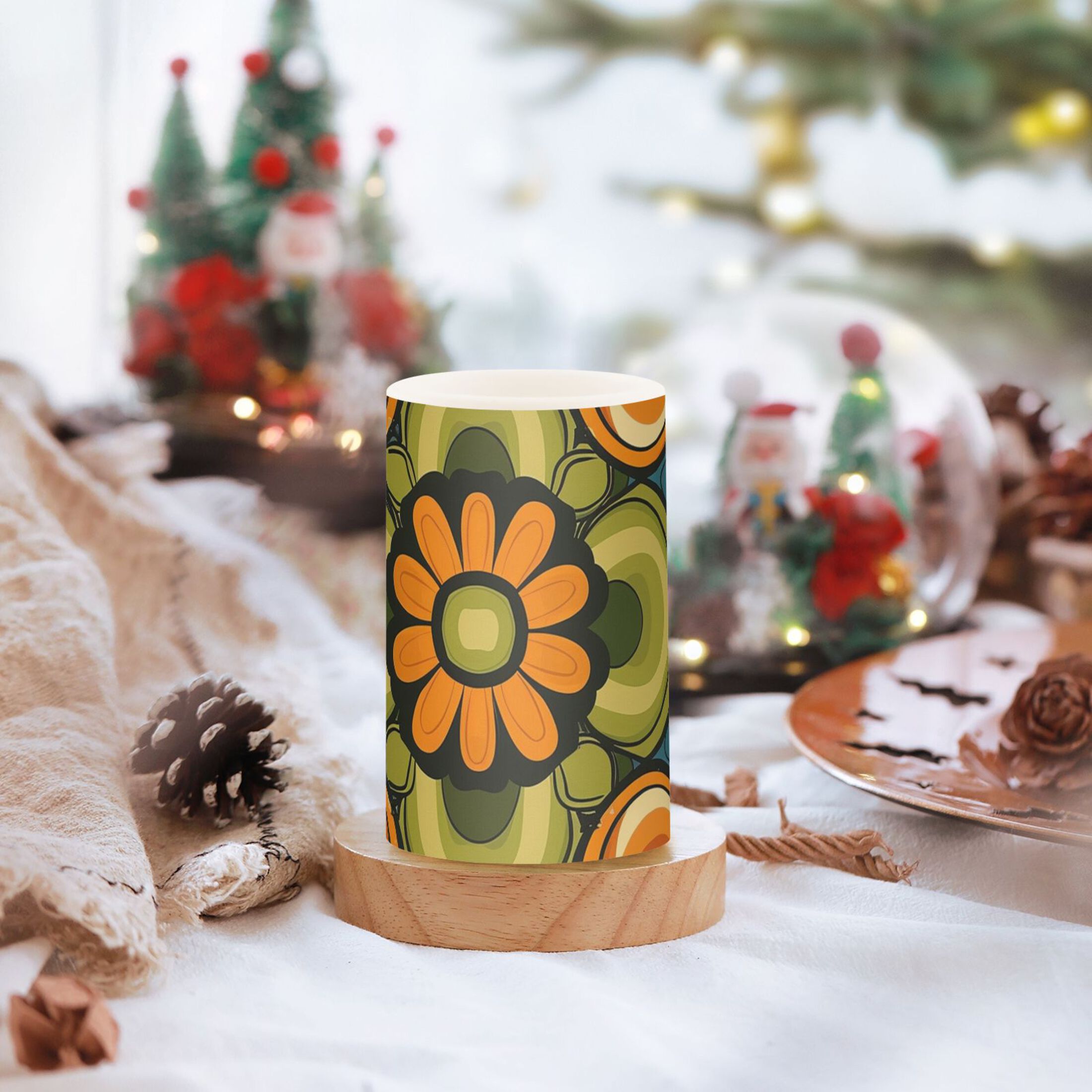 Vintage Groovy Flower Patterns Flickering Flameless Candles LED Tealight Battery Operated with Remote Set of 2 Holiday Decor Ornaments