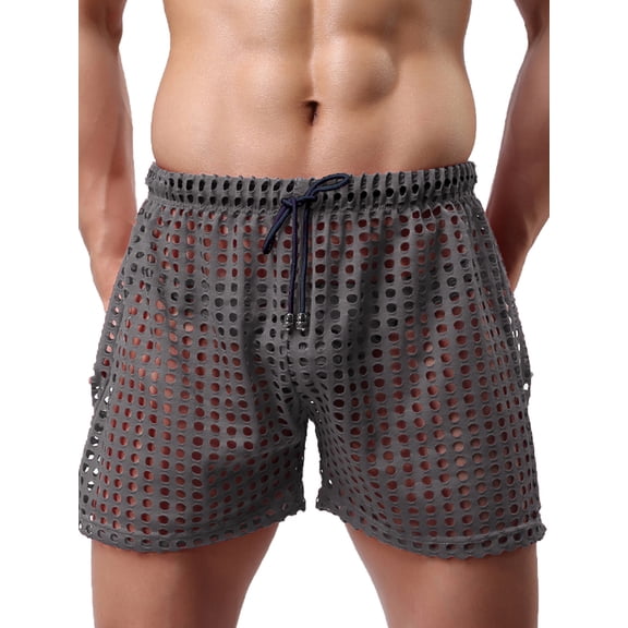 Men's Hollow See Through Shorts Drawstring Loose Lounge Pants Swim Shorts Cover Up Boxer Trunks