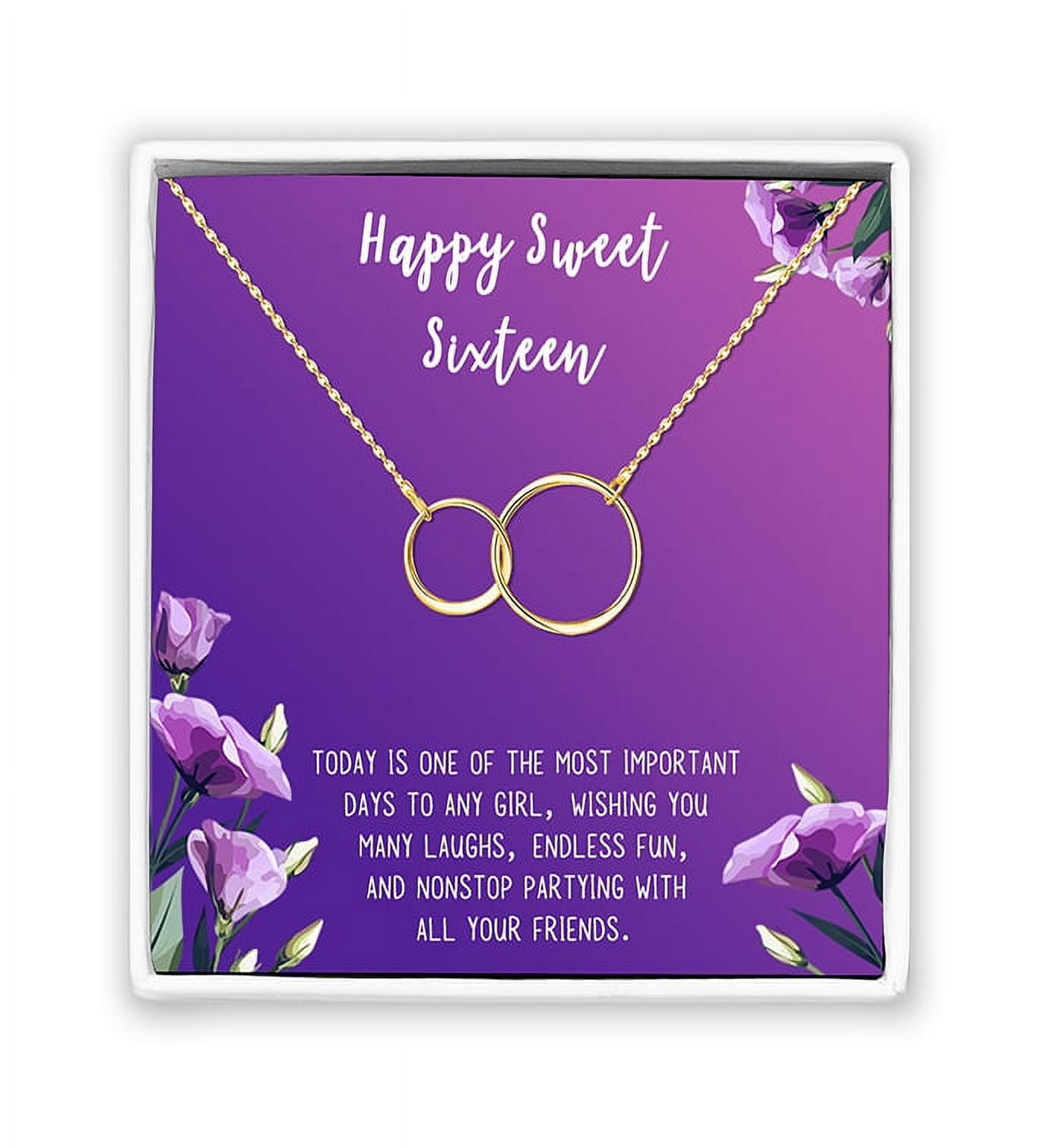 Anavia Happy Sweet Sixteen Necklace, 16th Birthday Card Gift, Daughter Birthday Present, Sweet 32 necklace for Girl-[Gold Infinity Double Ring,Royal Purple Gift Card]