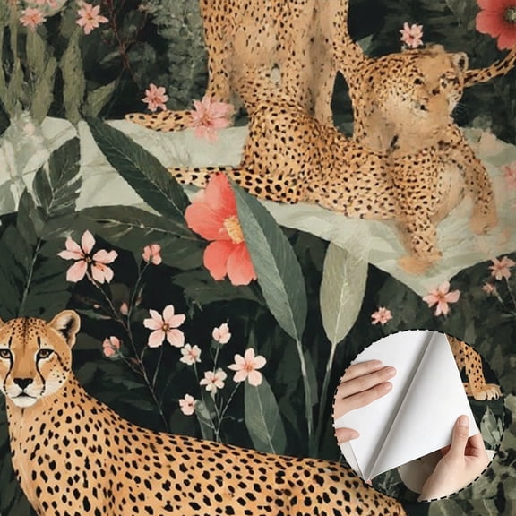 Cheetah Tropical Floral Wallpaper, Boho Vintage Floral peel and stick wallpaper, waterproof, Home Decor for Living Room, Bedroom, Bathroom, Dorm Room, Office [17.7 * 118 in]
