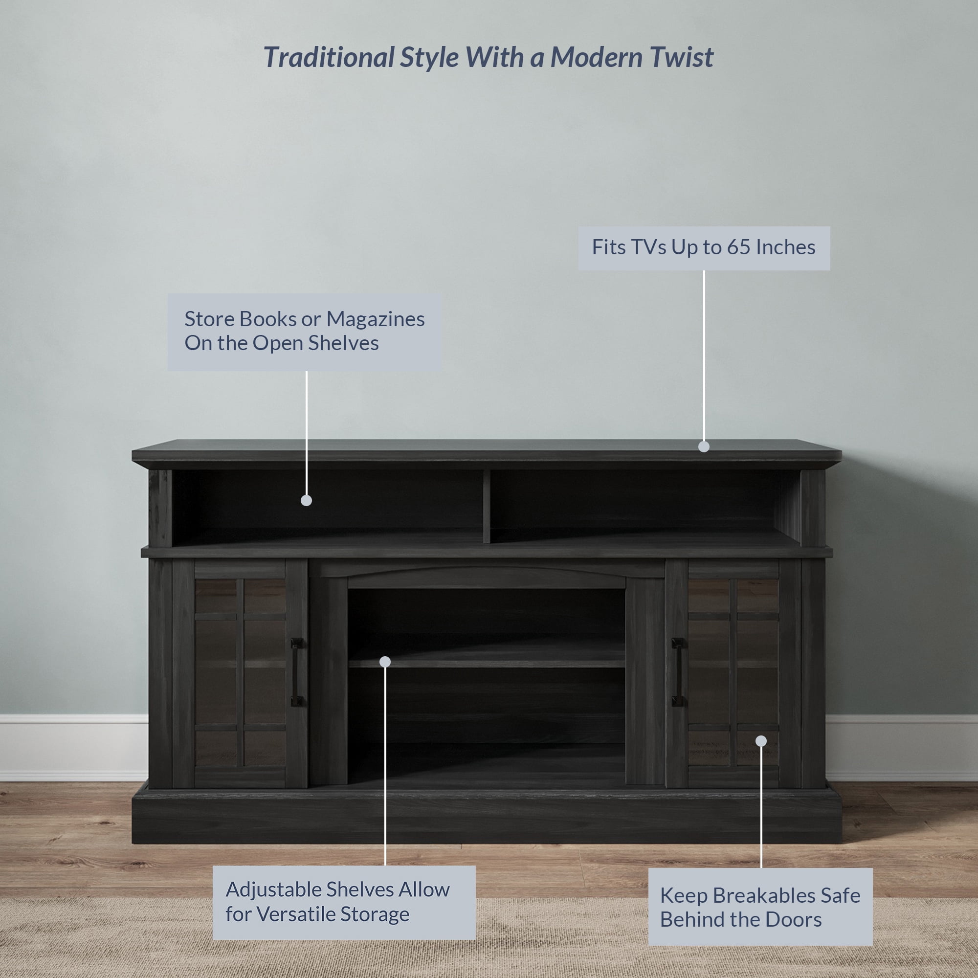BELLEZE 58 Inch TV Stand, Rustic Wood Entertainment Center for TVs up to 65",  Contemporary Media Console Table with Two Open Shelves and Glass Door Cabinets - Astorga (Rustic Grey)