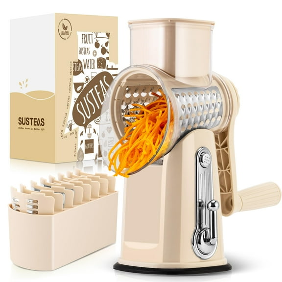 SUSTEAS Rotary Cheese Grater with Handle - 5 Blades, Strong Suction Base - Kitchen Vegetable Grater with Bonus Blade Storage Box (Beige)