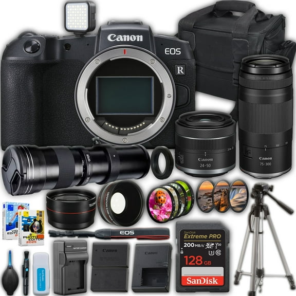 Canon EOS RP Mirrorless Camera with RF 24-50mm STM Lens   Canon RF 75-300mm Lens   420-800mm Super Telephoto Lens   Extreme Pro 128 GB Memory Card   Camera Case   More (International Version)