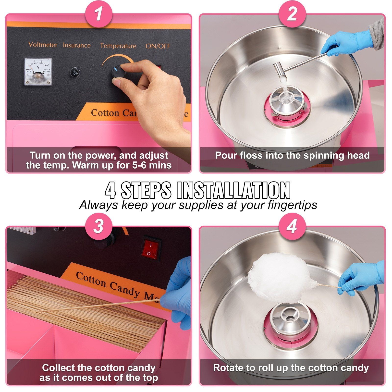 Cotton Candy Machine Commercial, 1000W Electric Floss Maker with Cart, Stainless Steel Bowl, Pink - for Parties, Kids, Home Use