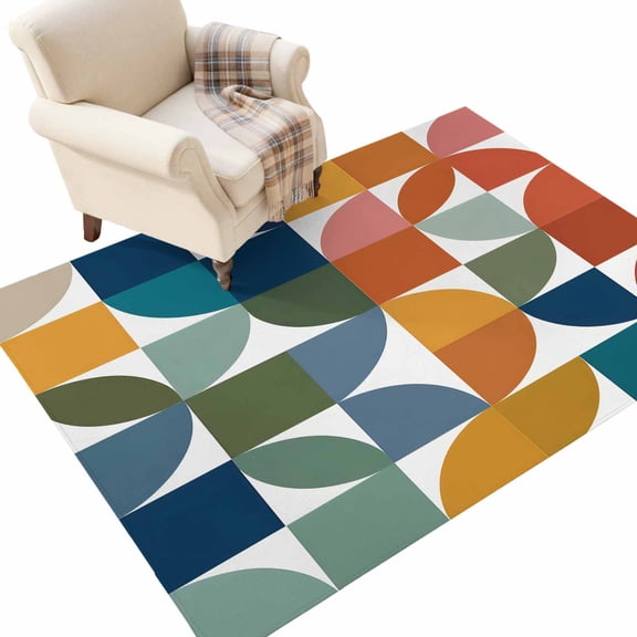 Colorful Semicircles Washable Area Rug 2.7 x 5 ft Modern Abstract Minimalist Curved Blocks Soft Non‑Slip Rugs Stain Repellent Indoor Mats for Kitchen Aisle, Foyer, Foot‑of‑Bed, Mudroom