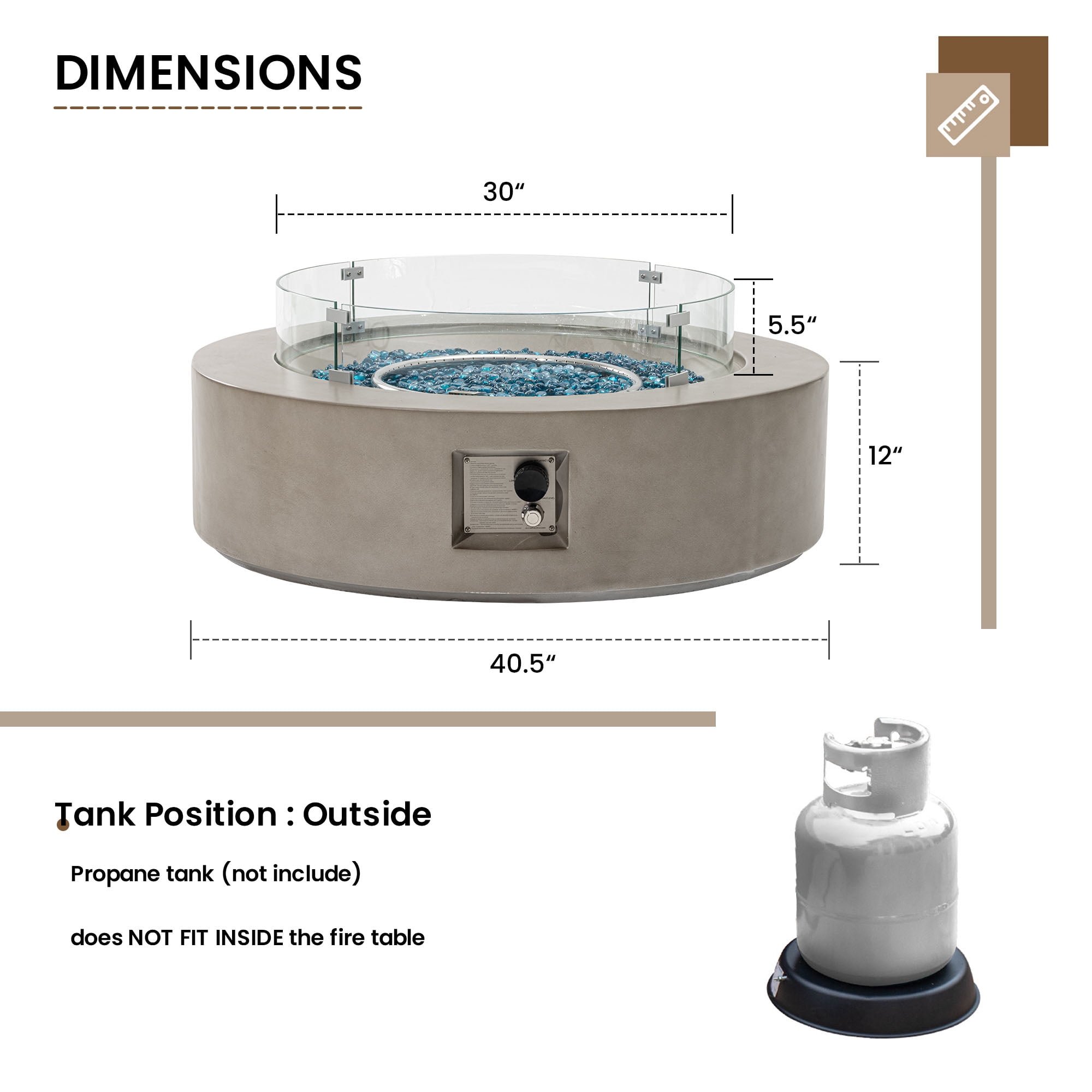 VENTOPYR Outdoor Propane Fire Pit Coffee Table, 40.5-inch Round, 50,000 BTU, Gray Finish with Wind Guard, Fire Glass, Rain Cover
