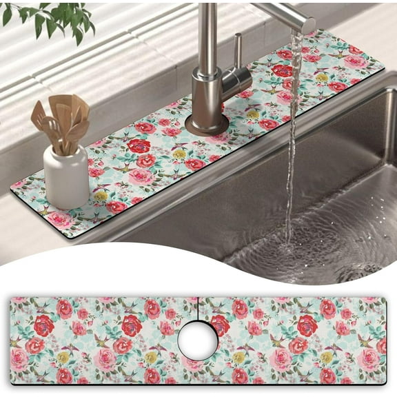 Kitchen Sink Splash Guard Faucet Mat 24" X 5.5" Floral Farmhouse Absorbent Fast Drying Mat Faucet Draining Mat Sink Splash Guard Behind Faucet Drip Catcher for Kitchen Bathroom