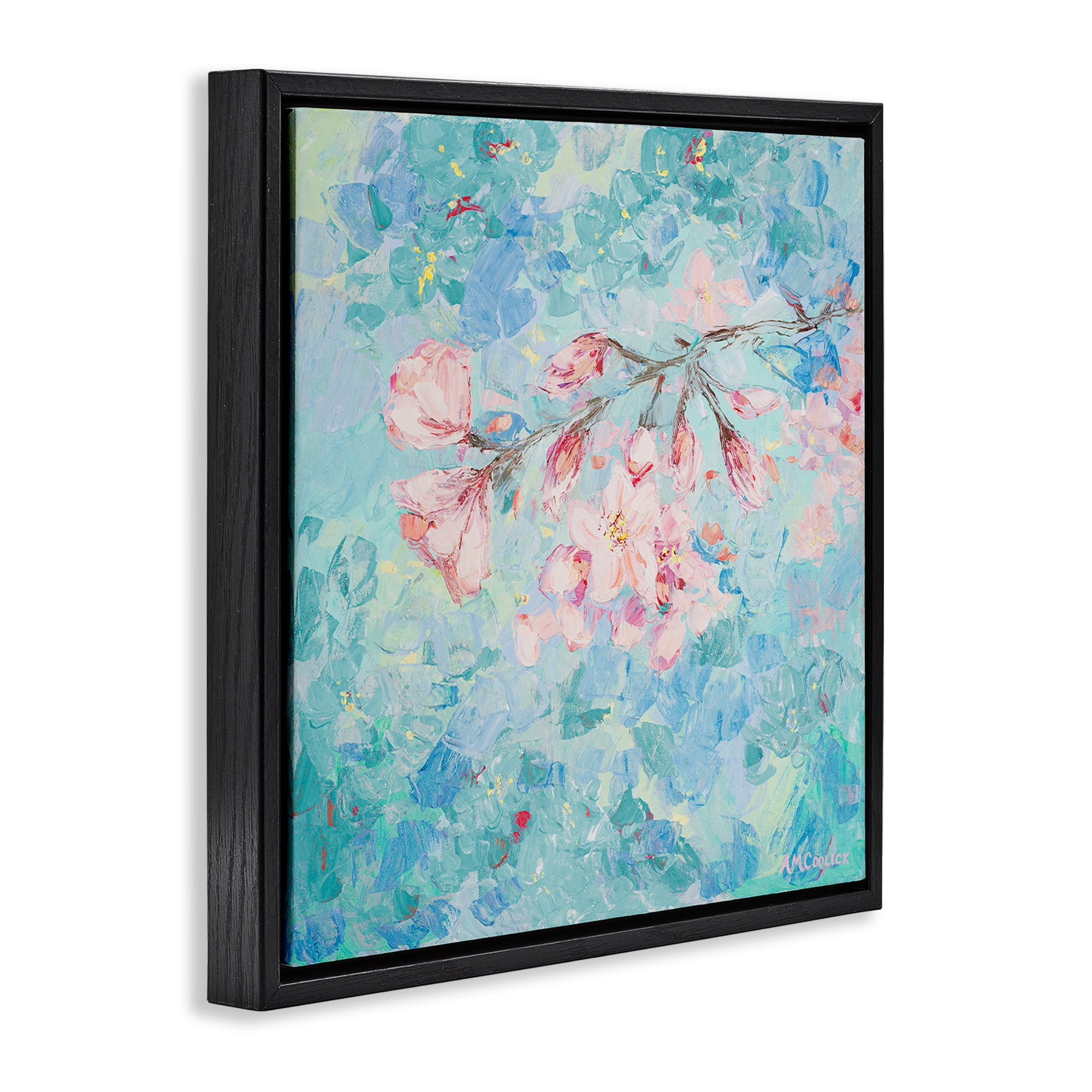 Stupell Industries Cherry Blossoms on Blue Plants & Flowers Painting Black Floater Framed Canvas Art Print Wall Art, 25 x 25