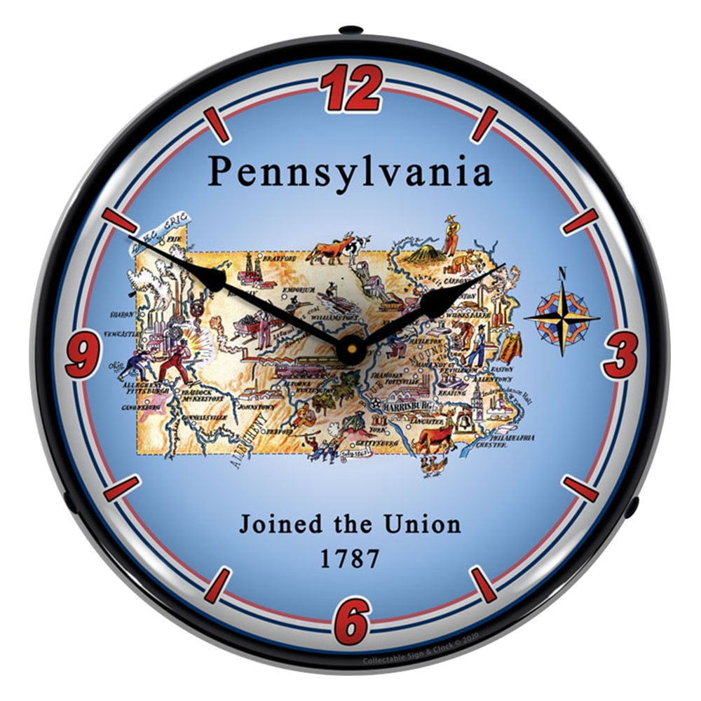 State of Pennsylvania LED Wall Clock, Retro/Vintage, Lighted, 14 inch