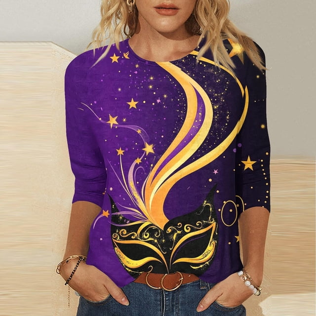 TIMIFIS Hauts de Mardi Gras pour Femmes Grande Taille, Chemises à Manches 3/4 Décontractées Col Rond Imprimé Carnaval T-Shirts de Vacances