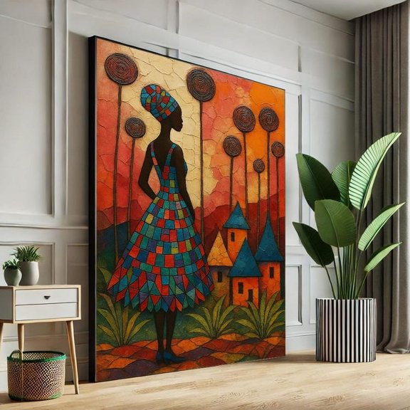 African Woman Art, Colorful Tribal Folk Style, Village Landscape Print, Ethnic Wall Decor, Wall Art Print, Home Decor ,Decor For Living Room Bedroom, 8x12 UNFRAMED