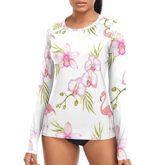 joogoo Womens UPF 50  Sun Shirts Flamingo Flowers Long Sleeve UV Protection Rash Guard Tops S