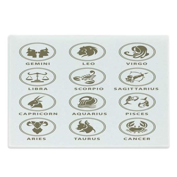 Astrology Cutting Board, Classic Zodiac Chart Astrologicy Signs Stiylish Constellation Art Lllustration, Decorative Tempered Glass Cutting and Serving Board, Large Size, White Sepia, by Ambesonne