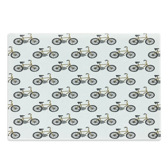 Bicycle Cutting Board, Hand Drawn Doodle Cycling Theme Pattern of Yellow Bike Leisure Hobby Street Art, Decorative Tempered Glass Cutting and Serving Board, Large Size, Mustard Black, by Ambesonne