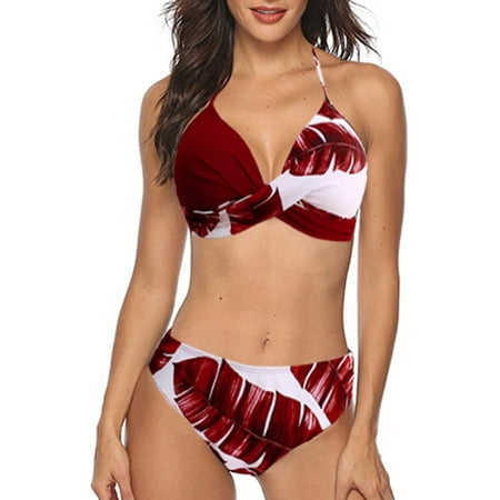 Rigardu Women s High Waisted Bikini Sets V Neck Two Piece Swimsuit Twist Front Bathing Suits Bathing Bra Swimwear Suit Padded Bikini Beachwear Set -Up Swimsuit Womens Swimwears Tankinis Set Red Xl