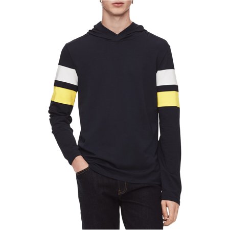 Calvin Klein Mens Striped Sleeve Hoodie Sweatshirt, Blue, Large