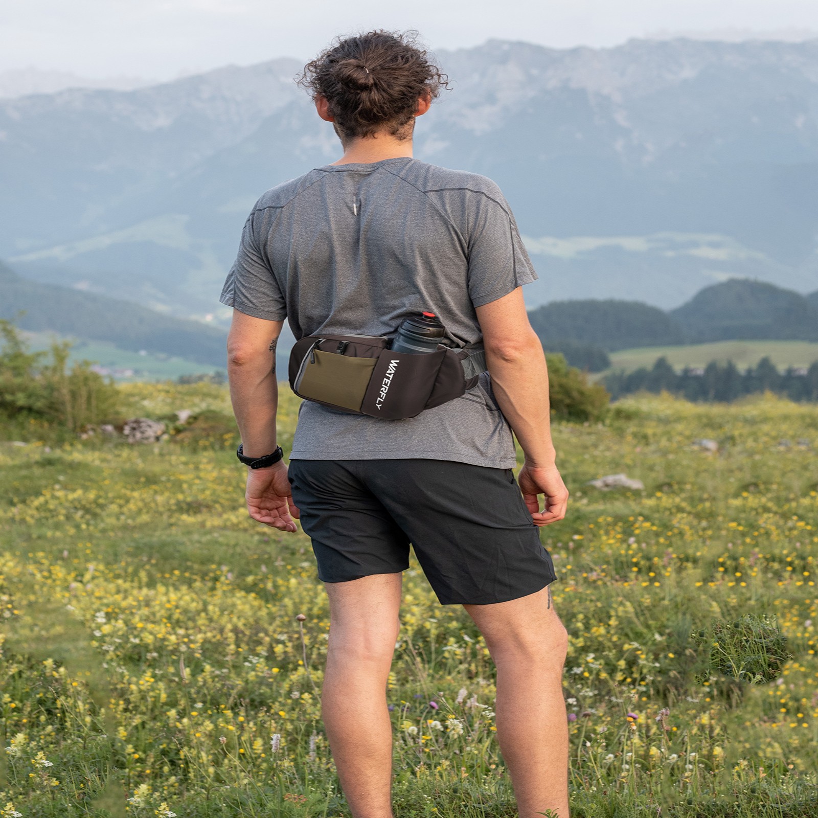 WATERFLY Unisex with Bottle Holder Running Walking Hiking Nylon Fanny Pack Waist Bag,Brown