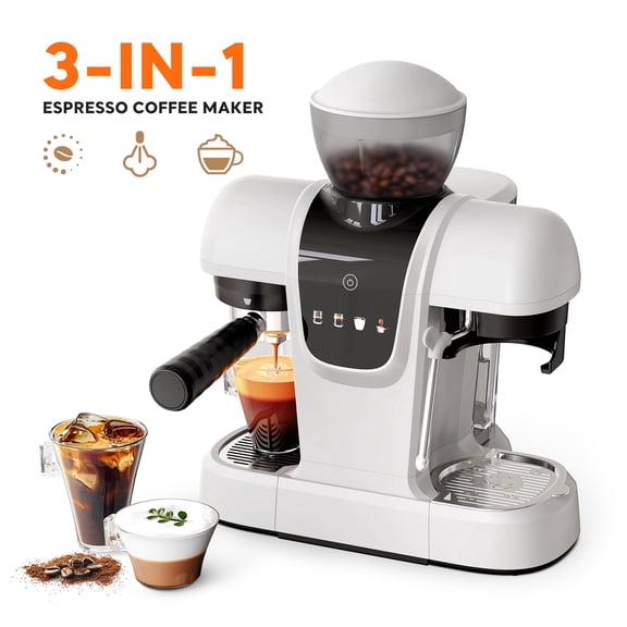 i Cafilas 20 Bar Semi Automatic Espresso Machine with Built-in Grinder&Steam Wand, Pre-Infusion, NTC Temp Control, 58mm Single/Double Portafilter, Removable Water Tank & Drip Tray(White)