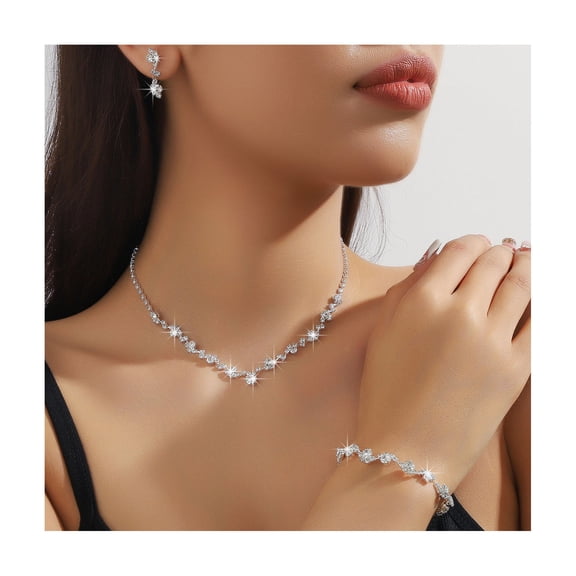 HUANLEDASH 3 Pcs/Set Women Jewelry Set Rhinestone Choker Hanging Earrings Bracelet Set Adjustable Extension Chain Prom Party Bride Wedding Jewelry