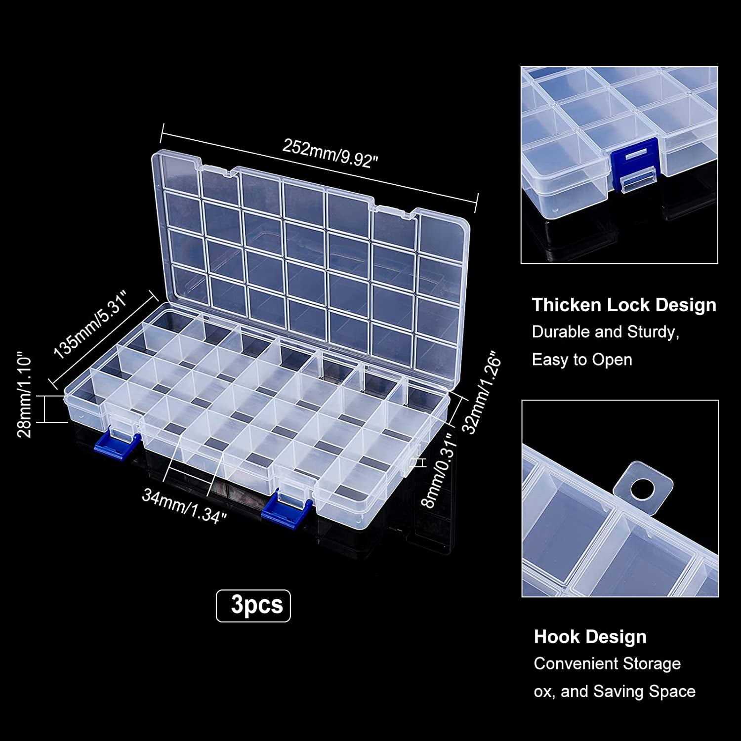 1bag PH 3 Pack Plastic Organizer Box 28 Grids Bead Organizer with Dividers Adjustable Clear Plastic Bead Case Storage Container for Jewelry Beads Earring Fishing Hook Small Accessories Clear