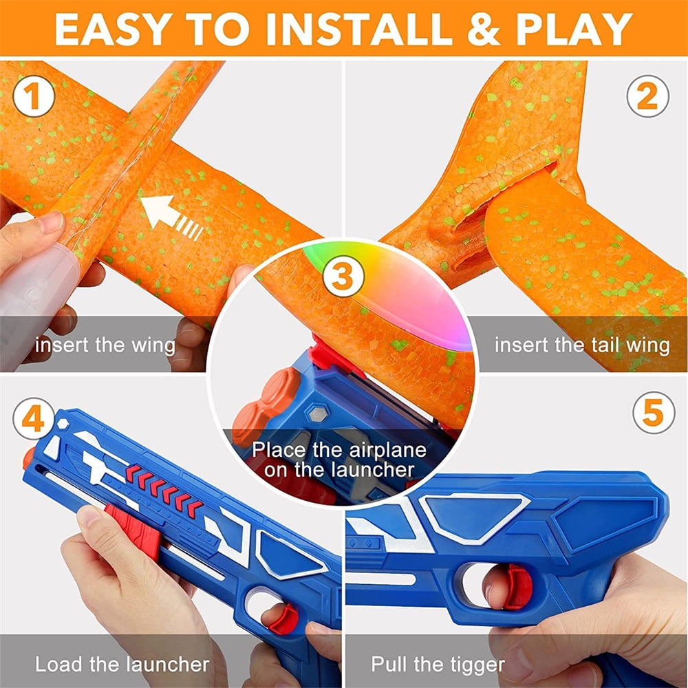 Allaugh 3 Pack Airplane Launcher Toy, 12.6" Foam Glider Led Plane, 2 Flight Mode Catapult Plane Boy Toys with 3 DIY Stickers, Outd