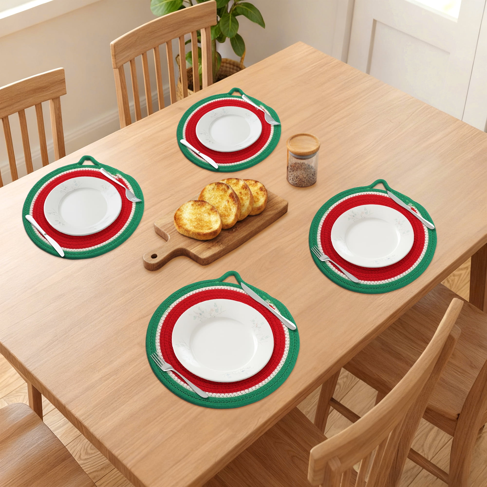 Unique Bargains Set of 6 Farmhouse Round Woven Placemats for Dining Table Decor Red