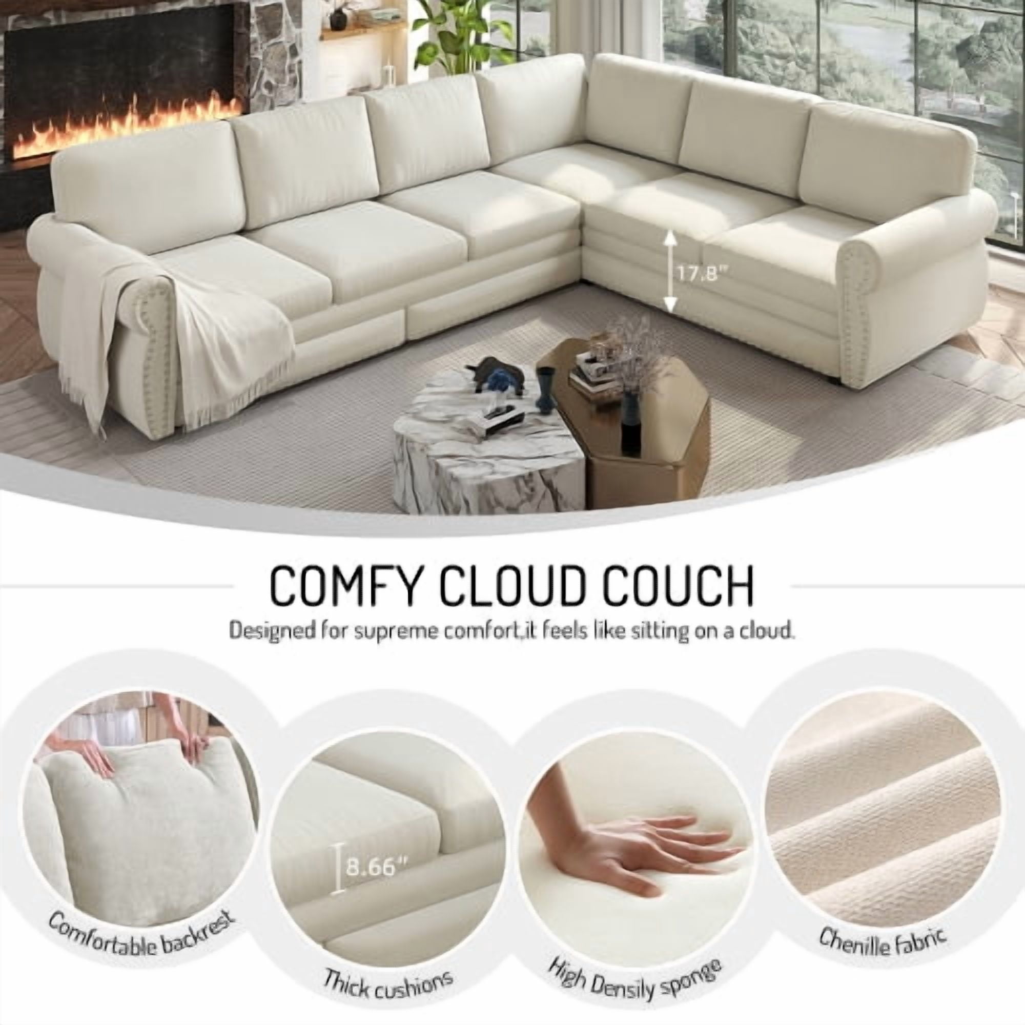 118" L-Shaped Sectional Sleeper Sofa with King Size Pull-Out Bed, Chenille Upholstered, Nailhead Trim & Rolled Arms, Beige
