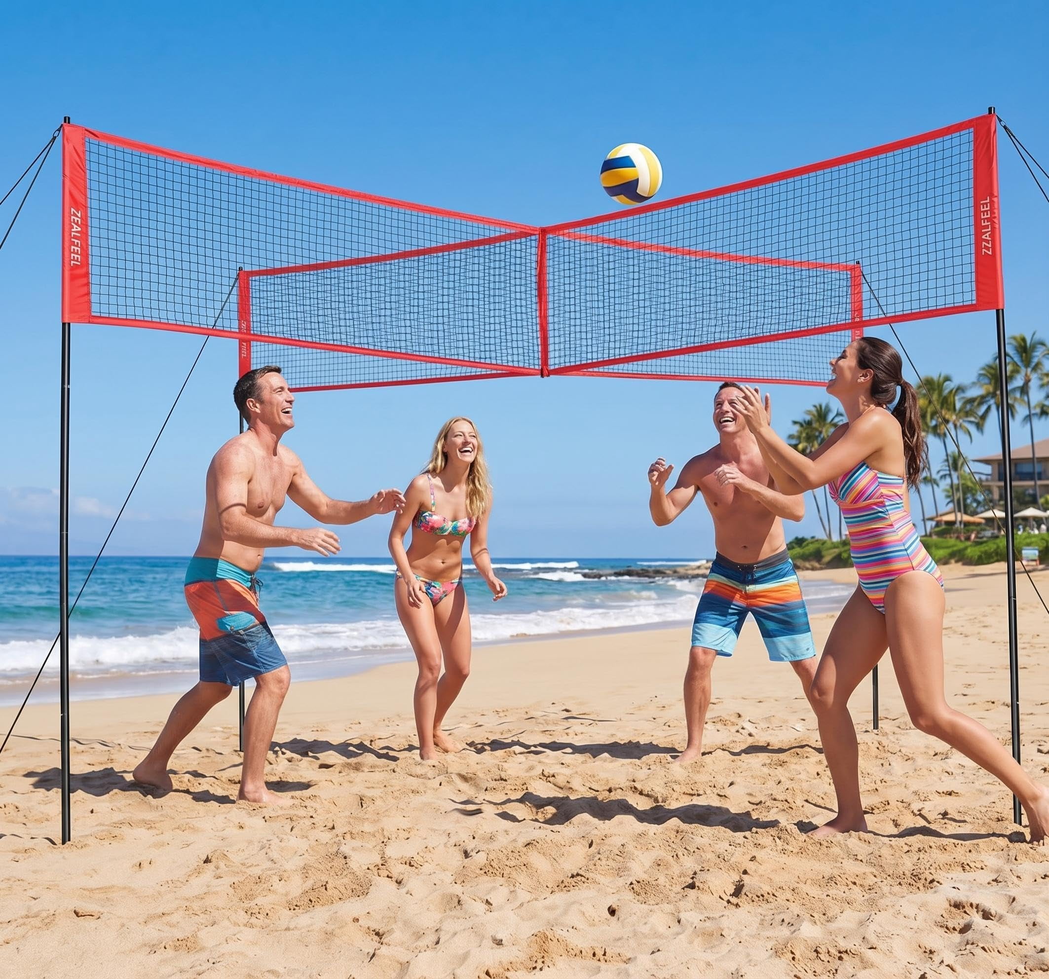 14FT 4-Square Cross Volleyball Net System with 3 Adjustable Heights, PE Outdoor Multiplayer Game Set with Ball, Pump & Carry Bag, Black/Red