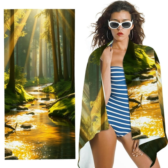 RKSupls Forest Stream Sunbeam Microfiber Beach Towel, Extra Large Quick Dry Lightweight Absorbent Towel for Travel Swimming Camping, Soft Super Absorbent- 30x60 in