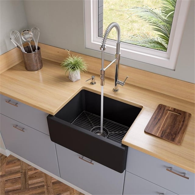 Pemberly Row 24" Black Reversible Smooth/Fluted Single Bowl Fireclay Farm Sink