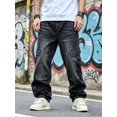 thumbnail image 6 of Reppunk Men's Vintage Black Wash Wide Leg Cargo Denim Jeans, Multi-Flap Pocket Loose Straight Stacked Trousers, Business Casual Versatile Office Daily Commute Bottoms, 6 of 8