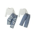thumbnail image 2 of Suealasg 2pcs Little Girl Long Pants Set Solid Color Long Sleeve Crew Neck Pullover Heart Pattern Denim Trousers 1T 2T 3T 4T 5T  Kids Casual Summer Outfits, 2 of 8